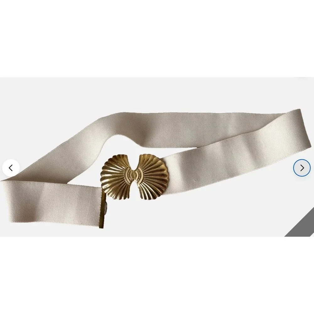 Vintage 80s Cream Elastic Cinch Belt M Gold Enamel Seashell Buckle Nautical GUC